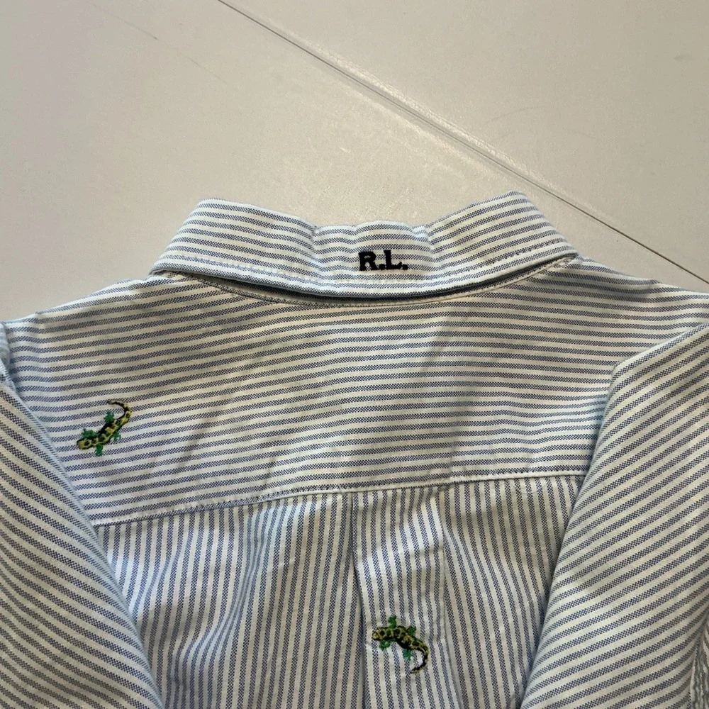 Ralph Lauren‎ Button Down Shirt Boys L 14-16 Pinstripe Lizard Embroidered Preppy